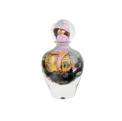 a glass bottle with a picture of a man on it