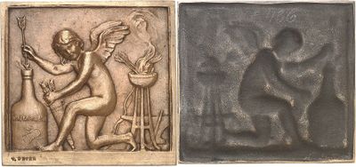 two images of a bronze plaque depicting a man and a woman