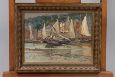 a picture of a painting of sailboats in the water