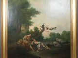 une peinture à l'huile sur toile représentant un groupe de personnes dans un décor boisé