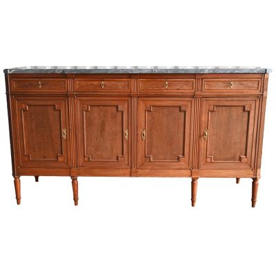 an image of a wooden sideboard with marble top on a white background