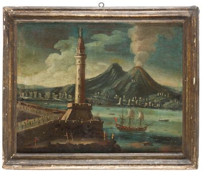 une peinture à l'huile représentant un phare sur une côte rocheuse, avec une montagne en arrière-plan