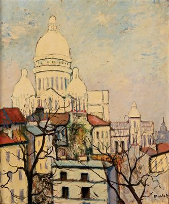 peinture représentant une vue de ville avec une église en arrière-plan