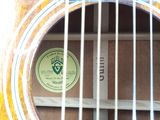 a close up of a guitar with a sticker on it