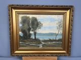 une peinture à l'huile représentant un paysage avec des arbres et une rivière en arrière-plan