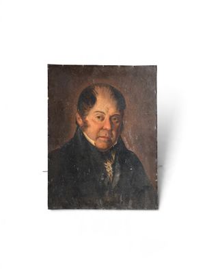 un vieux tableau représentant un homme vêtu d'un manteau noir à col blanc
