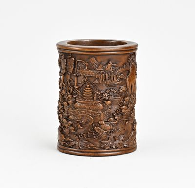 an antique wooden brush holder with carvings on it on a white background