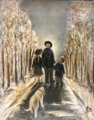 tableau représentant trois enfants et un chien marchant sur une route enneigée