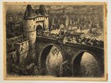 dessin représentant une ville avec un pont et un château en arrière-plan