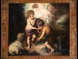 an oil painting of two children and a dog in a wooded setting