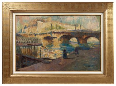 an oil painting of a bridge over a river with a person sitting on a bench