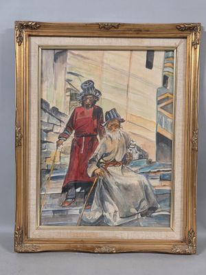 an image of a painting of a man and a woman sitting on the steps