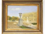 une peinture à l'huile représentant un bâtiment devant lequel se trouve une fontaine