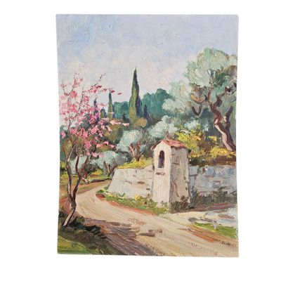 une peinture à l'huile représentant une petite maison au bord d'une route de campagne