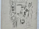 an old drawing of a man standing in front of a door