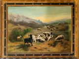 a painting of a herd of sheep in a field
