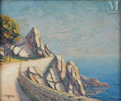une peinture à l'huile représentant une route menant à l'océan, avec une montagne en arrière-plan