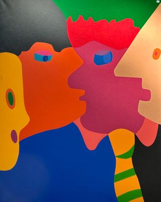 painting of a couple kissing each other in front of a black background