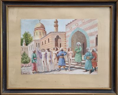 une image d'une peinture représentant un groupe de personnes devant un bâtiment