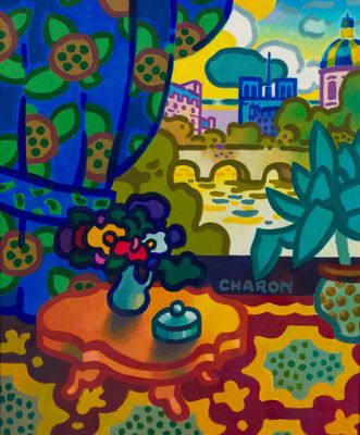 une peinture représentant un vase de fleurs sur une table