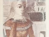 une image représentant le dessin d'une femme assise à une table devant une fenêtre