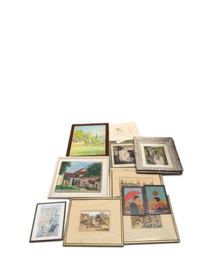 un assortiment de peintures et de dessins, encadrés ou non