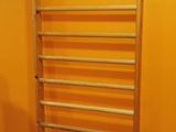 an orange wall with a wooden ladder in the corner