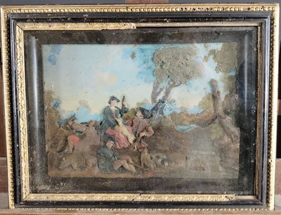 un vieux tableau représentant un homme à cheval avec une femme à ses côtés