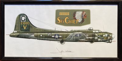 peinture représentant un vieil avion de la Seconde Guerre mondiale portant une plaque d'immatriculation