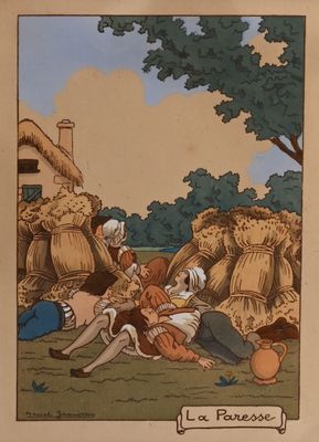 une image représentant un tableau où l'on voit un homme et une femme assis dans un champ