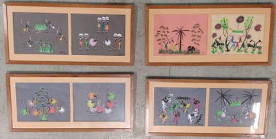 quatre photos encadrées représentant différents types de fleurs et de plantes, accrochées au mur