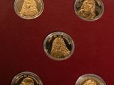 the gold coins are in a display case on a red surface