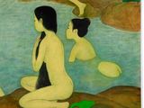 a painting of a group of naked people sitting on a rock
