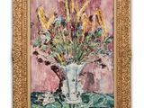 a painting of flowers in a vase on a table