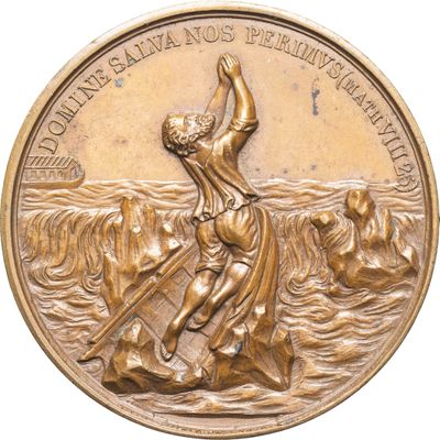 médaille de bronze représentant un homme sur un bateau au milieu d'un plan d'eau