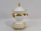 an image of a white and gold covered bowl with a gold rim