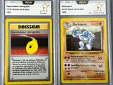 two pokemon trading cards with yellow and black designs on them