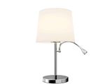 the lamp has a white shade on it and is on a metal base
