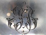 a close up of a silver plate with a design on it