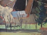 a painting of a horse standing in front of a barn