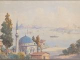 tableau représentant une vue d'une ville et d'un plan d'eau, avec un bateau au loin