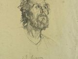 an old drawing of a man with a beard looking up