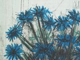 a drawing of a bunch of blue flowers in a vase