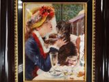 a painting of a woman and a dog sitting at a table