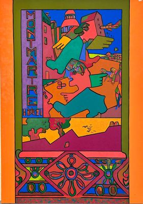 an image of a colorful painting of a man with a guitar