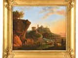 an oil painting of a landscape with a castle on top of a hill