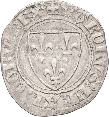 a silver coin with a shield and fleur on it