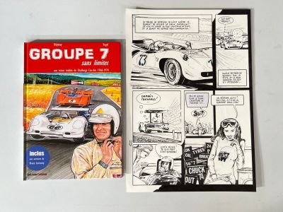 two books on the table with a drawing of a race car and a comic strip
