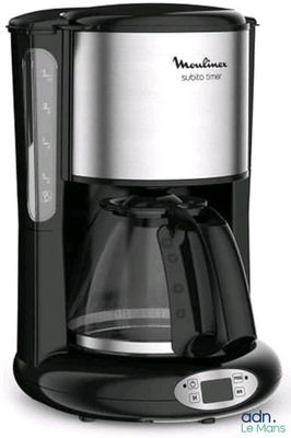 black and silver coffee maker sitting on top of a white counter