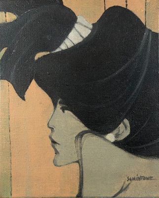 tableau représentant une femme coiffée d'un chapeau, avec un oiseau sur la tête